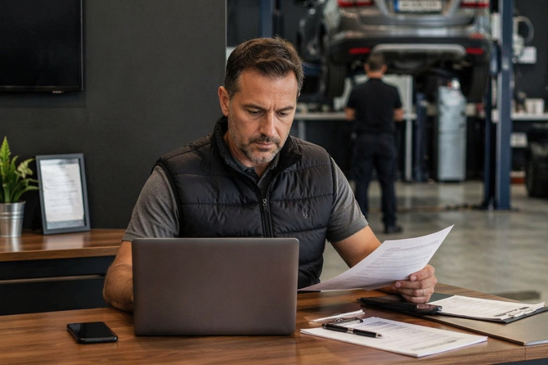 EL dueño de un taller mecánico revisa cifras en su laptop.