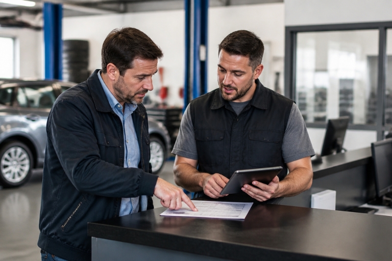 Un mecánico le explica la factura a su cliente dentro del taller de coches.